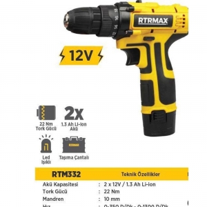 *RTRMAX RTM332 AKÜLÜ MATKAP 12V 1,3A ÇİFT AKÜ